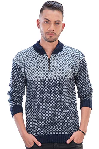 Intialpaca Men’s Soft Half-Zip Modern Navy Blue and Sky Blue Alpaca Pullover Sweater
