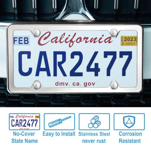 Image of 2PCS Solid Silver License Plate Frames, Solid Rust-Proof Stainless Steel Holder with 4 Holes, Universal Car Frame for Women and Man, Including Screws, by Lengnoyp