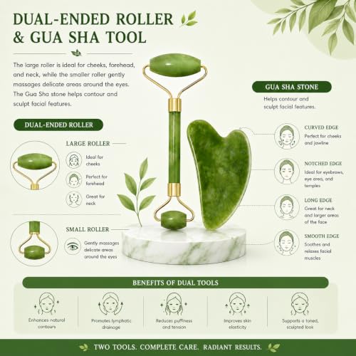 Image of ANTIL'S Jade Roller and Gua Sha Stone Set - Face Massage Roller for Skin Tightening, Puffiness Reduction & Wrinkle Care | Improves Elasticity | Beauty Tool for Women & Men
