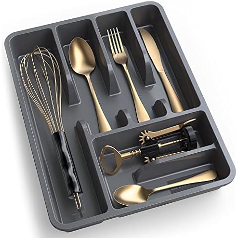Mueller Flatware Kitchen Drawer Organizer, 10" x 13" Silverware Organizer, 6 Compartments, Heavy-Duty, Cutlery Tray for Utensils or Stuff, Dining Room, Living Room, Compact, Dark Grey Cover