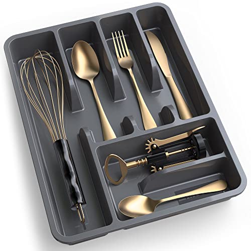 Mueller Flatware Drawer Organizer, 11.4" x 15" Silverware Organizer, 6 Compartments, Heavy-Duty, Cutlery Drawer Trays for Kitchen Utensils, Dining Room, Living Room, Medium, Dark Grey