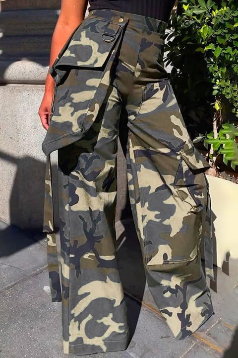 Women's Baggy Camo Cargo Pants High Waist Streetwear Camouflage Army Wide Leg Pants with Pockets