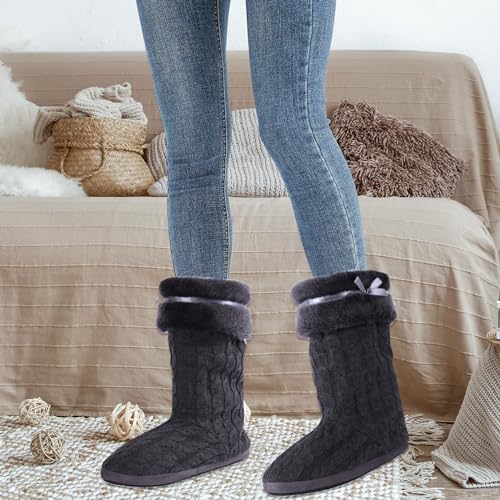 Women's Knit Slippers Indoor Warm Fluffy Home Bootie Slippers Anti-Slip House Shoes with Cute Pom Poms Soft Cozy Ankle Boots for Women2
