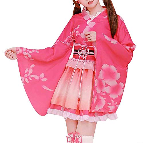 HongH Women's Sexy Japanese Kimono Costume Floral Print Lolita Yukata Halloween Costumes Skirt Outfit, Pink Flower, Large - Thumbnail 4