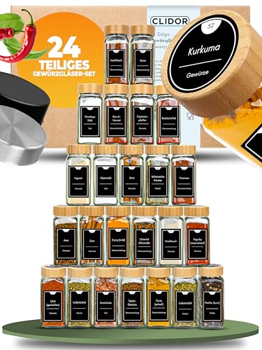 CLIDOR Gewürzgläser eckig [24 x 125ml], Luftdichte Gewürzgläser mit Streueinsatz + 248 wasserfeste Gewürzetiketten, Gewürz Organizer & Gewürzdosen, Gewürzstreuer zum Nachfüllen, Deckel aus Bambus