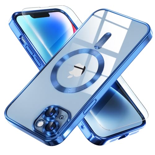 Image of Misea Magnetic for iPhone 14 Plus Case Compatible with MagSafe | [Never Yellowing] [Military Drop Protection] Full Camera Lens Protector Plating Soft Clear Phone Case for Women, Deep Blue