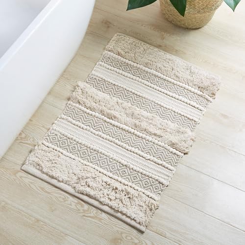 Ink+Ivy Bath Rug Hand-Woven Texture Shaggy Striped Soft & Water Absorbent Boho Bathroom Dcor Bath-Mats Non-Slip Absorbent Quick Dry Mats for Tub Shower Room Asher 20x32 Natural