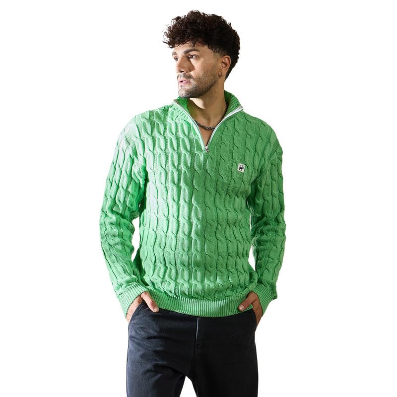 fugazee Mint Cable Knit Quarter Zip Turtleneck Sweater for Men & Women | Soft Winter Knit with Ribbed Edges, Full Sleeves | Cable Pattern Zip Neck Pullover-picture-40