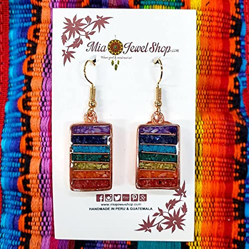 Rainbow Chakra Striped Rectangle Crushed Chip Stone Inlay Copper Metal Dangle Earrings - Womens Fashion Handmade Jewelry Boho Accessories #TOP1