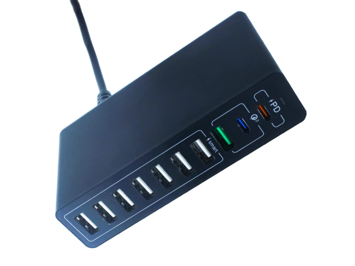 Stazione di Ricarica USB C 65W 10 Porte 1 USB C PD 1 USB C QC3.0 1 USB A QC3.0 7 USB Smart 2.4A