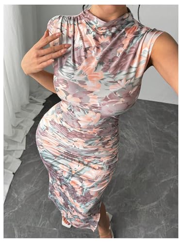 Image of BEAUDRM Women's Floral Print Midi Bodycon Dresses Split Thigh Ruched Mock Neck Fitted Tank Dress