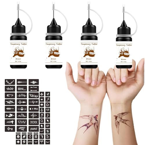 Brown Temporary Tattoo Kit, 4 Bottles Temporary Tattoo Ink with 84 Adhesive Tattoo Stencils, Body Tattoo Markers DIY Tattoos Temp for Men Women