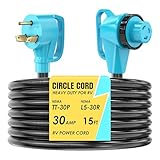 CircleCord 30 Amp 15 Feet RV Power Cord with 90° Right Angle Twist Locking, Heavy Duty 10 Gauge STW Pure Copper Wire with Grip Handle, TT-30P to L5-30R with Cord Organizer for RV Trailer Campers