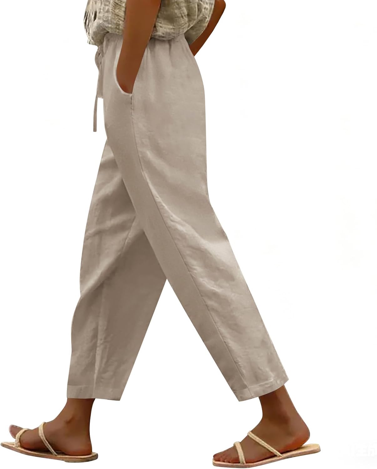 Puimentiua Cotton Linen Pants Women Casual Lightweight Elastic Drawstring Waist Summer Vacation Beach Pants with Pockets