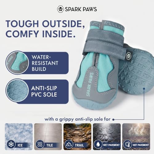Image of Spark Paws 365 Dog Shoes - All-Weather Paw Protection | Winter Snow Boots & Summer Hot Pavement Booties for Dogs | All-Terrain, Water-Resistant, Teal - Size 1