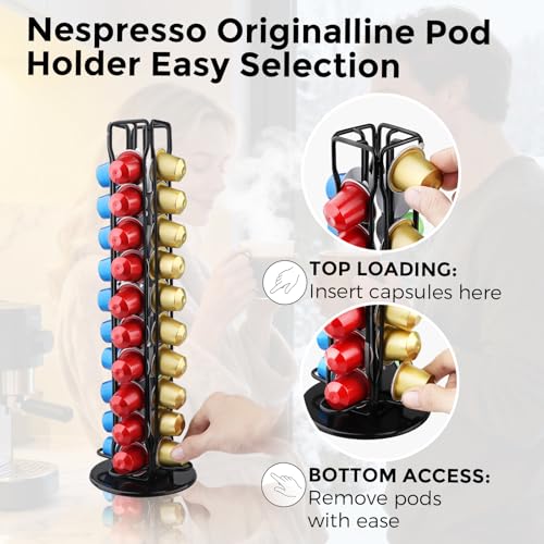 Image of Coffee Pod Holder Compatible with Nespresso Original - 40 Pod Carousel Storage Stand, 360 Rotating Coffee Capsule Organizer, Space-Saving Countertop Holder for Coffee Lovers (Black)