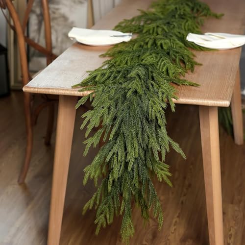Real Touch Christmas Norfolk Pine Garland - 9ft Artificial Christmas Garland Fake Pine Needles Faux Green Garland for Fireplace,Table,Window,Stairs,Mante,Holiday Indoor Outdoor Xmas Decor(2PCS)