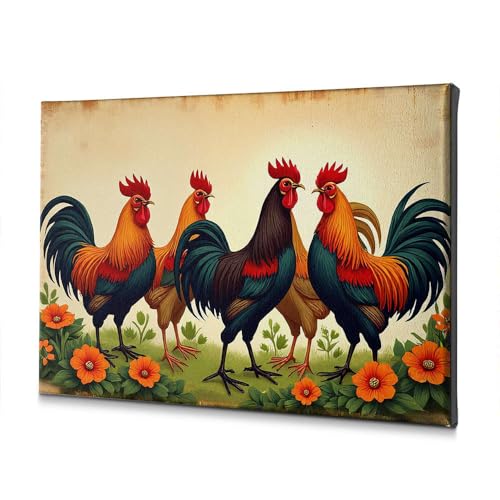 Toile décorative pour salle de bain coqs colorés fleurs orange murale D
