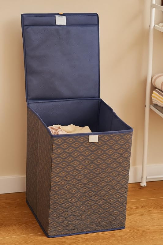 Image of QUAIL Non Woven Foldable Jute Printed 75 Liter Laundry Basket with Lid - Durable & Collapsible Storage Bag for Clothes, Toys & Washing Items (Blue Golden, Set of 1)