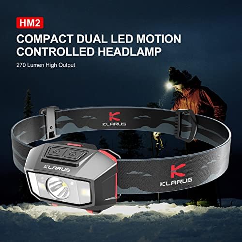 klarus HM2 Head Torch Motion Sensor Control , 270 Lumens 5 Modes Headlight with Red Warning Lights, IPX4 Waterproof Super Bright Led Headlamp for Running, Camping, Hiking, Hunting