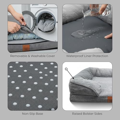 Orthopedic Memory Foam Dog Bed, Small Size (61x46x15 cm), Removable Washable Cover, Waterproof Liner, Non-Slip Base, Soft Pet Sofa Bed for Dogs & Cats, Grey - Image 4