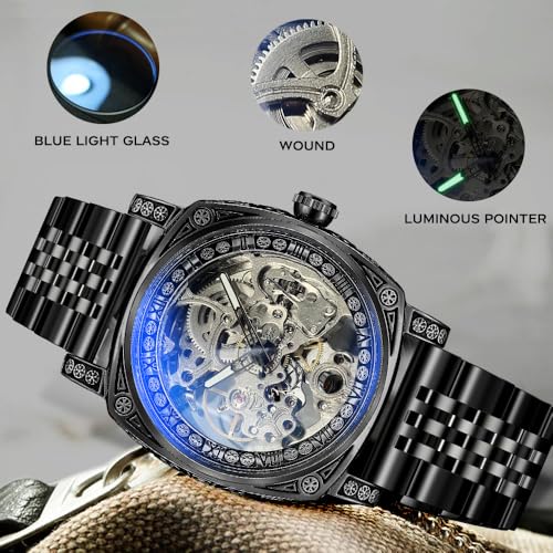 Image of FORSINING Fancy Watches for Men, Square Retro Mechanical Watch Self-Wind Carved, Gear Movement Golden Skeleton Automatic Watches Vintage Leather Strap Wrist Watch