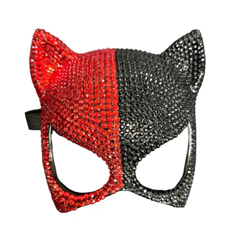 ShopBeyondStore Luxurious Cat Face Rhinestones Masquerade Mask (Red/Black)