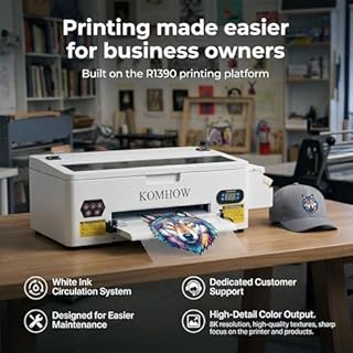 KOMHOW R1390 DTF Printer - A3 Tshirt Printing Machine, Direct to Film Heat Transfer Printer with White Ink Circulation System, DIY Print for Clothing(Includes Oven)