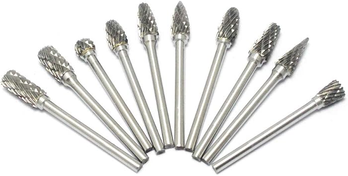 10pcs 1/8" Shank Tungsten Steel Solid Carbide Rotary Files Diamond Burrs Set Fits Rotary Tool for Woodworking Drilling Carving Engraving