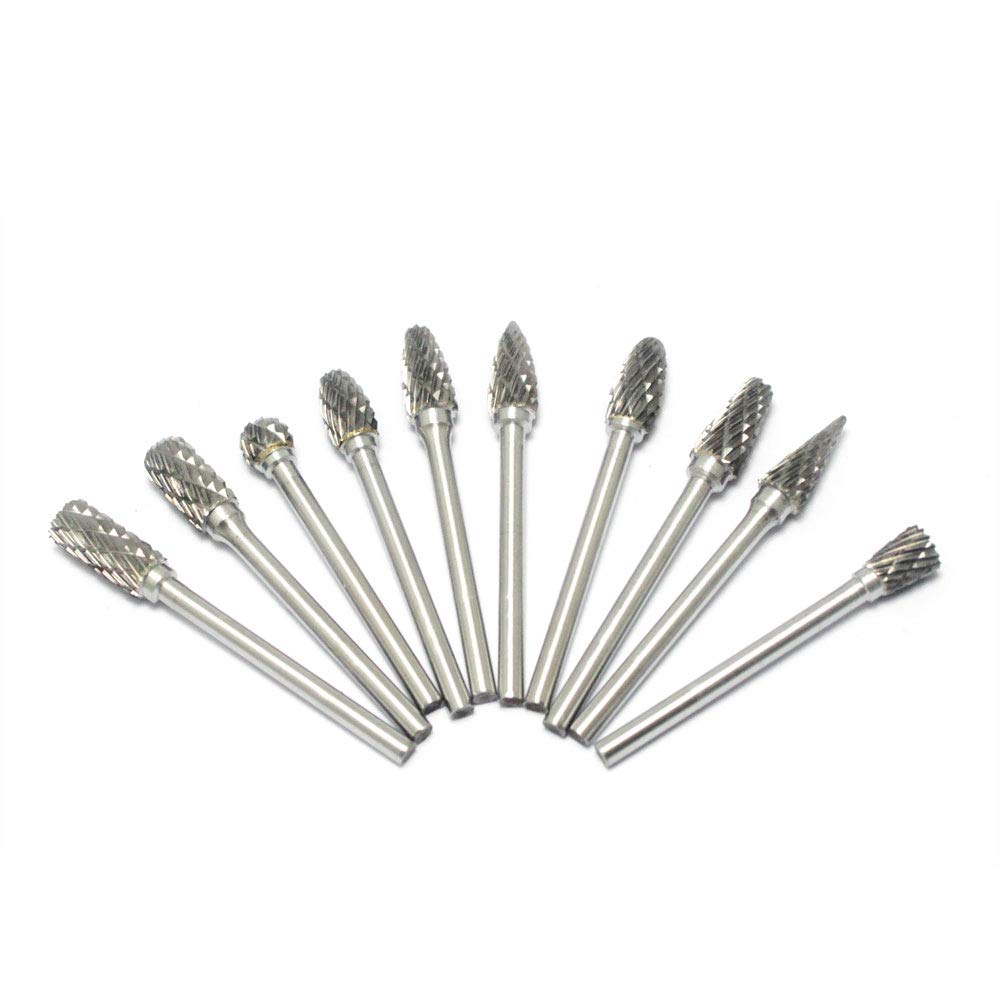 Oudtinx 10pcs 1/8" Shank Tungsten Steel Solid Carbide Rotary Files Diamond Burrs Set Fits Rotary Tool for Woodworking Drilling Carving Engraving