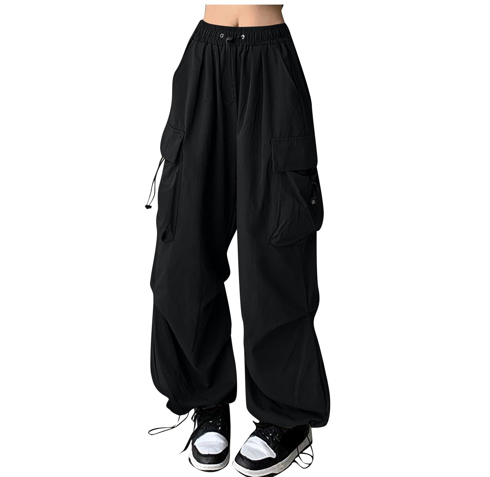 Womens Cargo Pants Drawstring High Waist Straight Wide Leg Womens Petite Pant Office Loose Fit Streetwear Pants