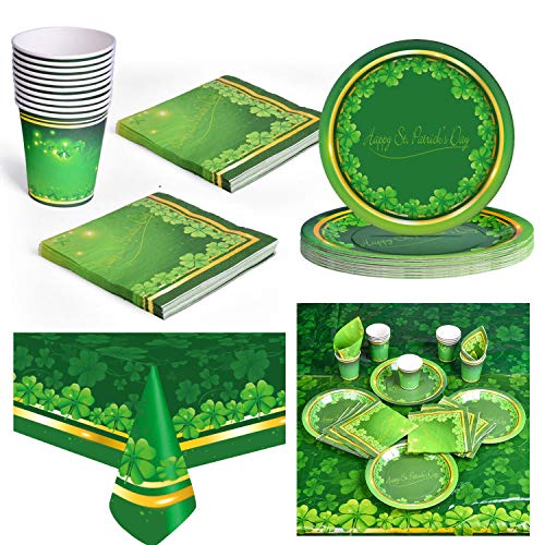 41 Pcs St. Patrick's Day Party Supplies, All-in-One Pack Include 10 Saint Patrick's Day Themed Cups, 10 Plates (9 inches), 20 Napkins and 1 Table Cloths