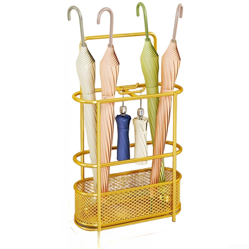 FCXWEVR Large Capacity Waterproof Iron Umbrella Stand Modern Drip Dry Holder for Entryway Living Room Bedroom - Stylish Home nizer (Gold)