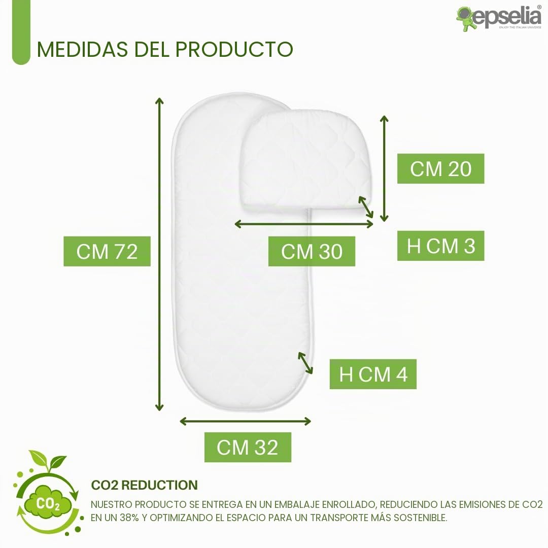 EPSELIA - Colchón para capazo con almohada, certificación antiasfixia EN16890:2017, estructura con orificios de ventilación, antiácaros, Certipur Oeko-Tex
