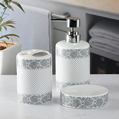 Image of SaSaSa Ceramic Bathroom Set of 3 Modern Bath Accessories Kit with Soap Dispenser, Toothbrush Holder & Dish - Stylish & Elegant Bathroom Decor, White /Grey (5765)
