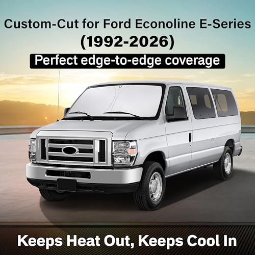 Image of EcoNour Windshield Sun Shade Compatible for Ford Econoline E-Series 1992-2026 | Van Front Window Sunshade | Heavy-Duty Foldable Sun Visor Protector | Blocks UV Rays & Reduces Cabin Heat