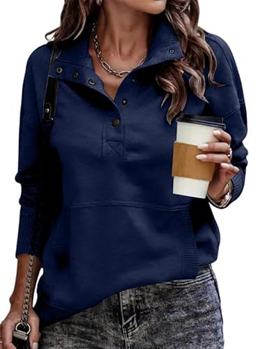 SHEWIN Womens Sweatshirt Casual Long Sleeve Lightweight Sweatshirts Loose Button V Neck Pullover Tops Fall Clothes for Women 2025,US 8-10(M),Navy Blue