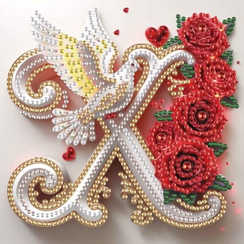Image of AiYuanzsh 5D Diamond Art Kits for Adults Letter X, Rose & Dove Alphabet Special Shape Diamond Dots Painting, DIY Rhinestones Gem Art Craft for Home Decor and Valentine's Day Gift 17x17cm