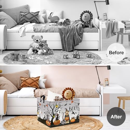 Image of Clastyle Large Spooky Halloween Baby Gift Basket Stuffers Boy Girl Pumpkin Bat Graveyard Boo Nursery Bin Kid Book Toy Box Collapsible Clothes Organizer for Bedroom,Dog,40 * 30 * 30 cm