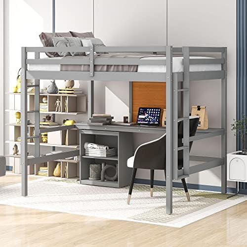 Full Size Loft Bed with Desk and Writing Board, Wooden Loft