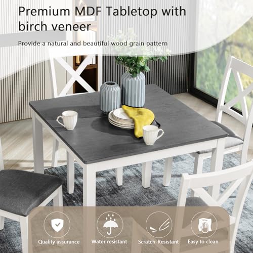 Image of Harper & Bright Designs 5-Piece Wood Dining Table Set for 4, Kitchen Furniture Set with 4 High Back Upholstered Dining Chairs for Small Places,White+Gray