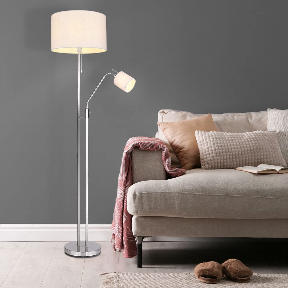 Stehleuchte Wohnzimmer Deckenfluter mit Leselampe Stehlampe Stoffschirm Zugschalter, Fernbedienung dimmbar Memory Funktion, 2x RGB LED warmweiß, DxH 40 x 175 cm
