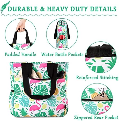 Beach Tote Bag for Women, VASCHY Floral Lightweight Shoulder Bag Foldable Water Resistant Handbag Pool Gym Bag with Zip and Multi-Pockets for Vacation, Travel(Summer Flamingo)