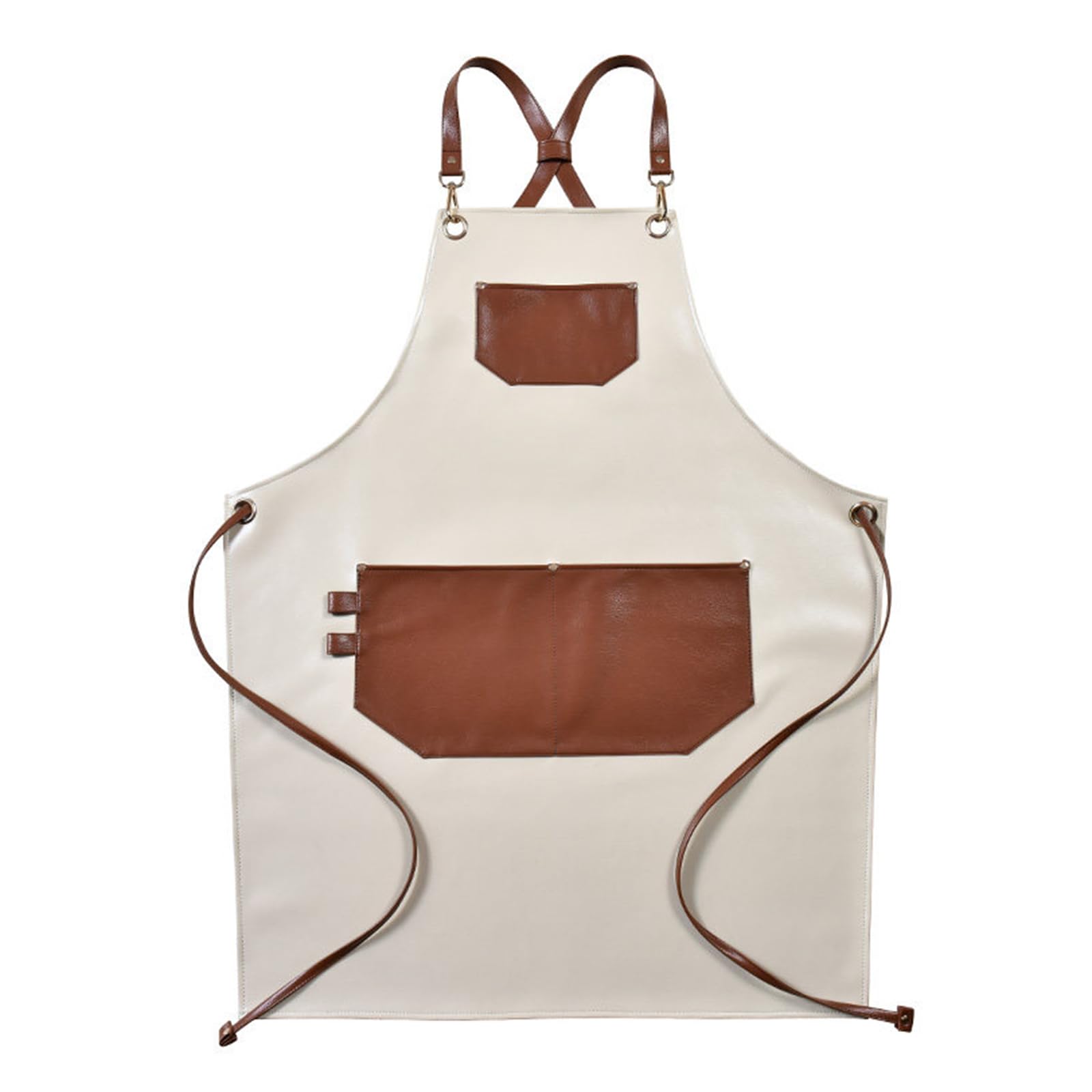 Delantales con bolsillos, Delantal de chef piel sintética, color beige, con correas cruzadas ajustables en la espalda. Limpieza barbacoa