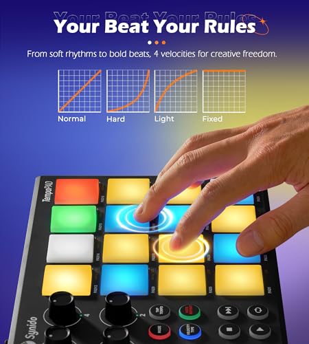 Synido TempoPAD Midi Controller Beat Maker Machine for Music Production, Portable USB MIDI Beat Pad Controller for Beginners with Durable Carrying Bag, 16 Backlit Beat Pad, 4 Assignable Knob