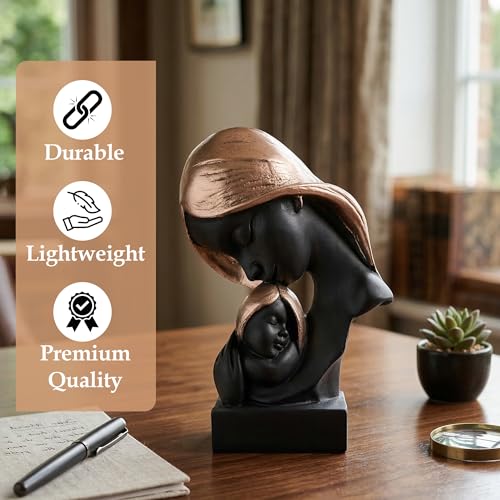 Image of Kuber Industries 4x6 Inch Mother Child Sculpture for House Warming Gift | Resin Mom & Baby Love Idol /Showpiece for Home DecorLiving Room /Desk | Black & Golden