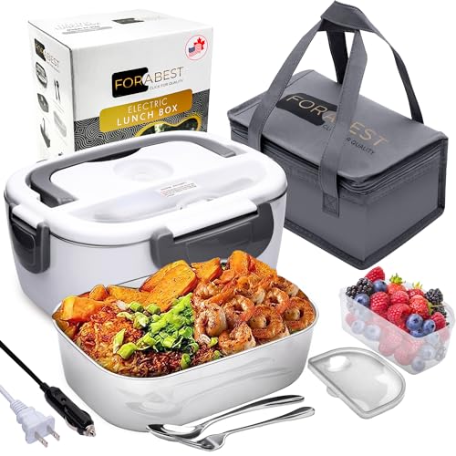 Electric Lunch Box Food Heater - FORABEST 2-In-1 Portable Food Warmer Lunch Box for Car & Home – Leak proof, 2 Compartments, Removable 304 Stainless Steel Container, SS fork & spoon and Carry Bag