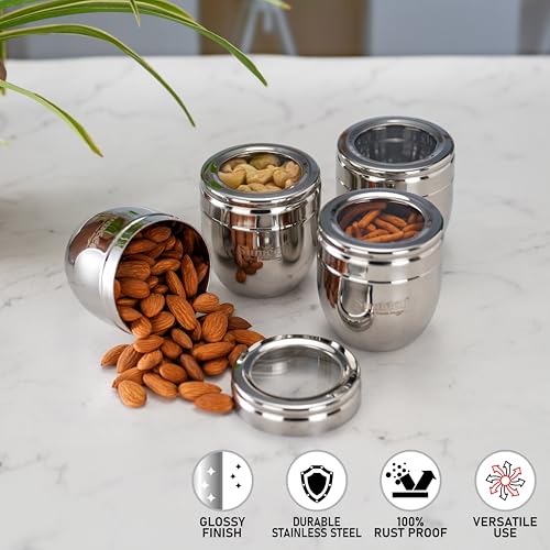 Image of Sumeet Stainless Steel Conical Shape Canisters /Dabba /Storage Containers for Kitchen with See Through Lid, Set of 4 Pcs, 250ml Each, 7cm Dia, Silver