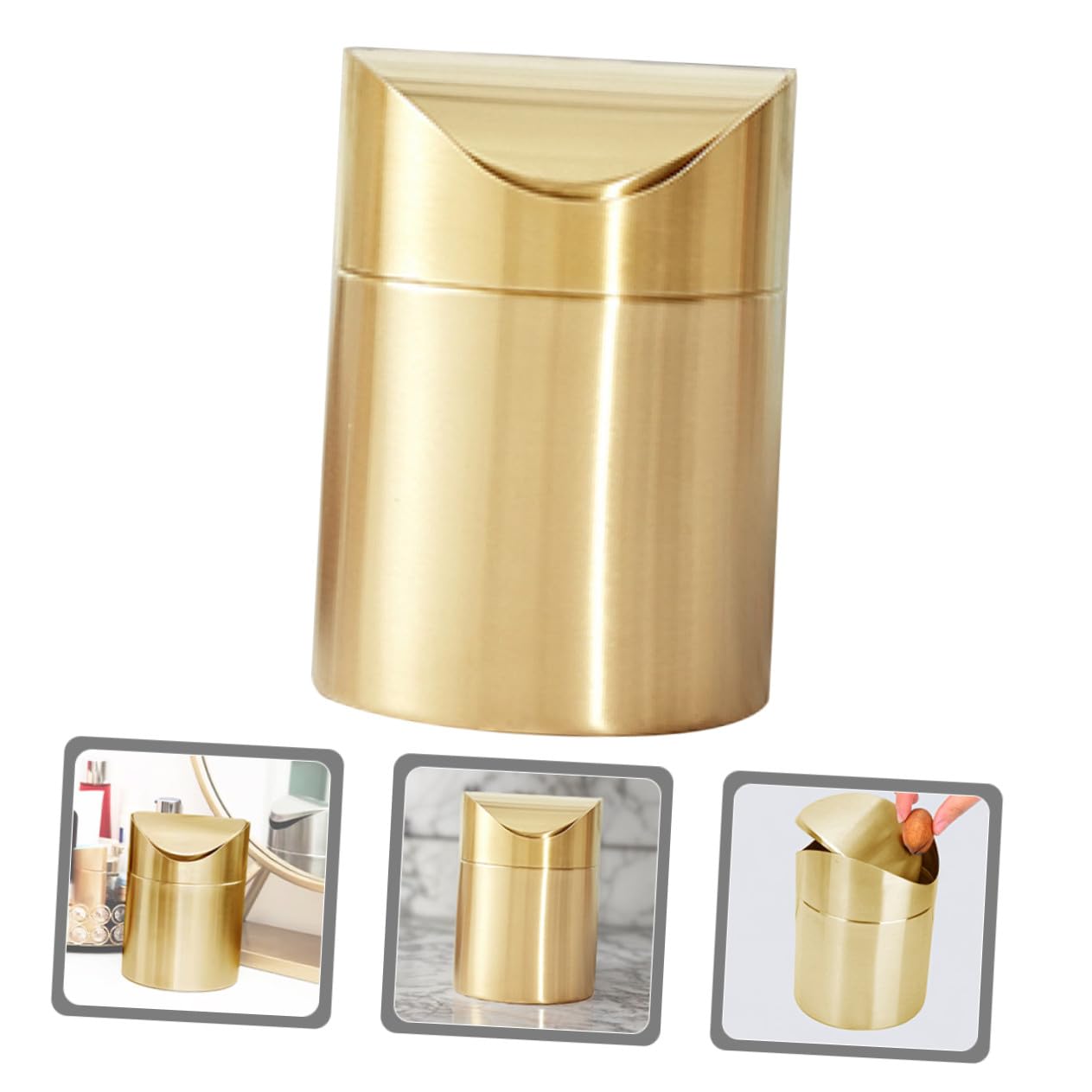 VALICLUD Kleiner Schreibtisch Abfalleimer Eleganter und Kompakter Mülleimer aus Edelstahl mit Pressdeckel Goldfarben Multifunktional für Schreibtisch und Reise