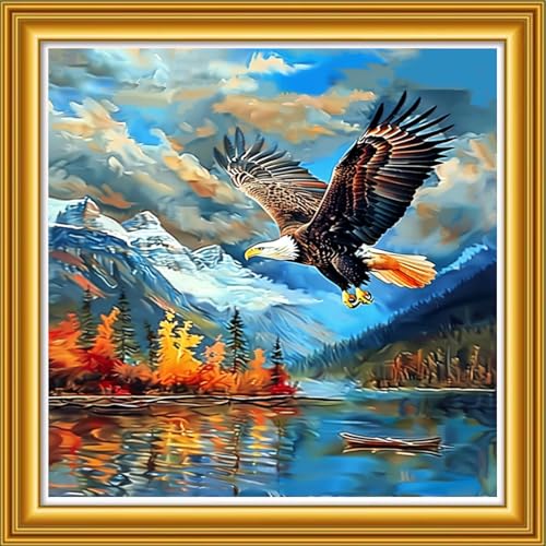 Image of Dooxvey Counted Cross Stitch Kits for Adults 11CT Printed Cross-Stitch Patterns Cross Stitching Embroidery Kit Stamped or Counted Needlepoint Kits-The Eagle by the Lake 18x18 inch